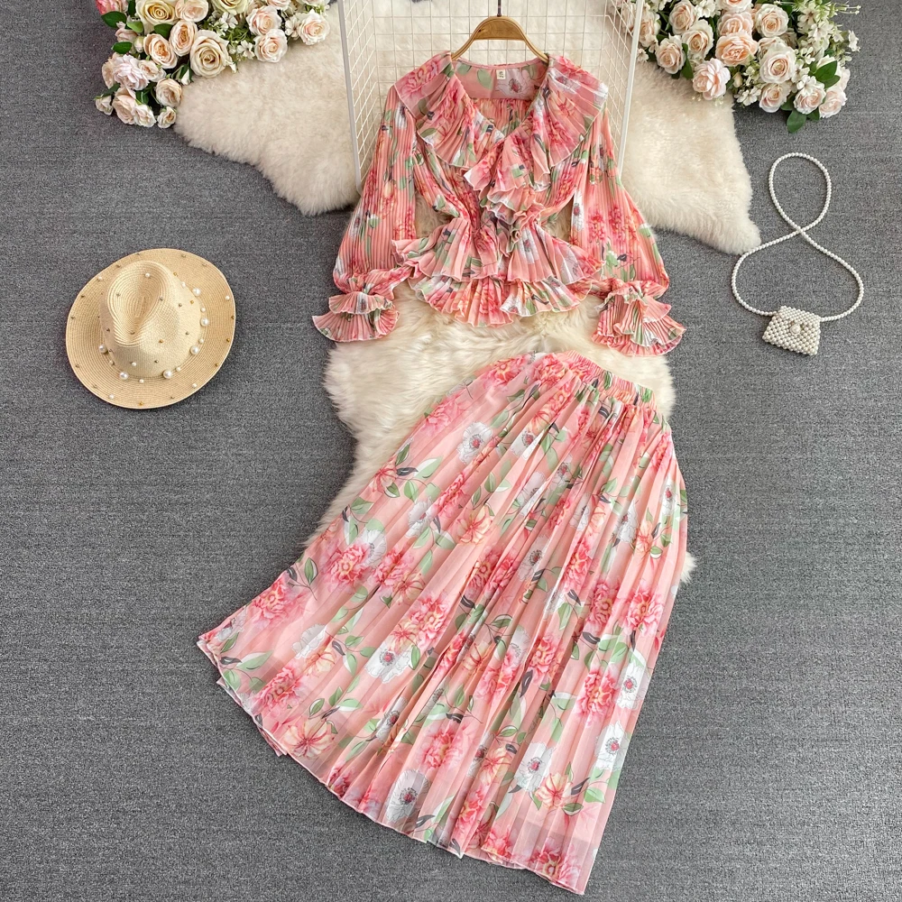 2023 neue Frühling Herbst Frauen Süße Blumen Rock Anzüge Mode Falten Floral Chiffon Hemd Und Überzogene Lange Rock Zwei Stück Set