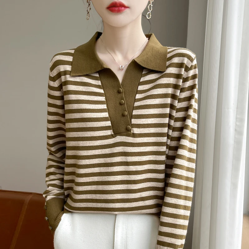 2024 Autumn Winter New Autumn Winter Striped Cashmere sweater Women lapel Neck Cashmere Sweater Soft Sweaters Women