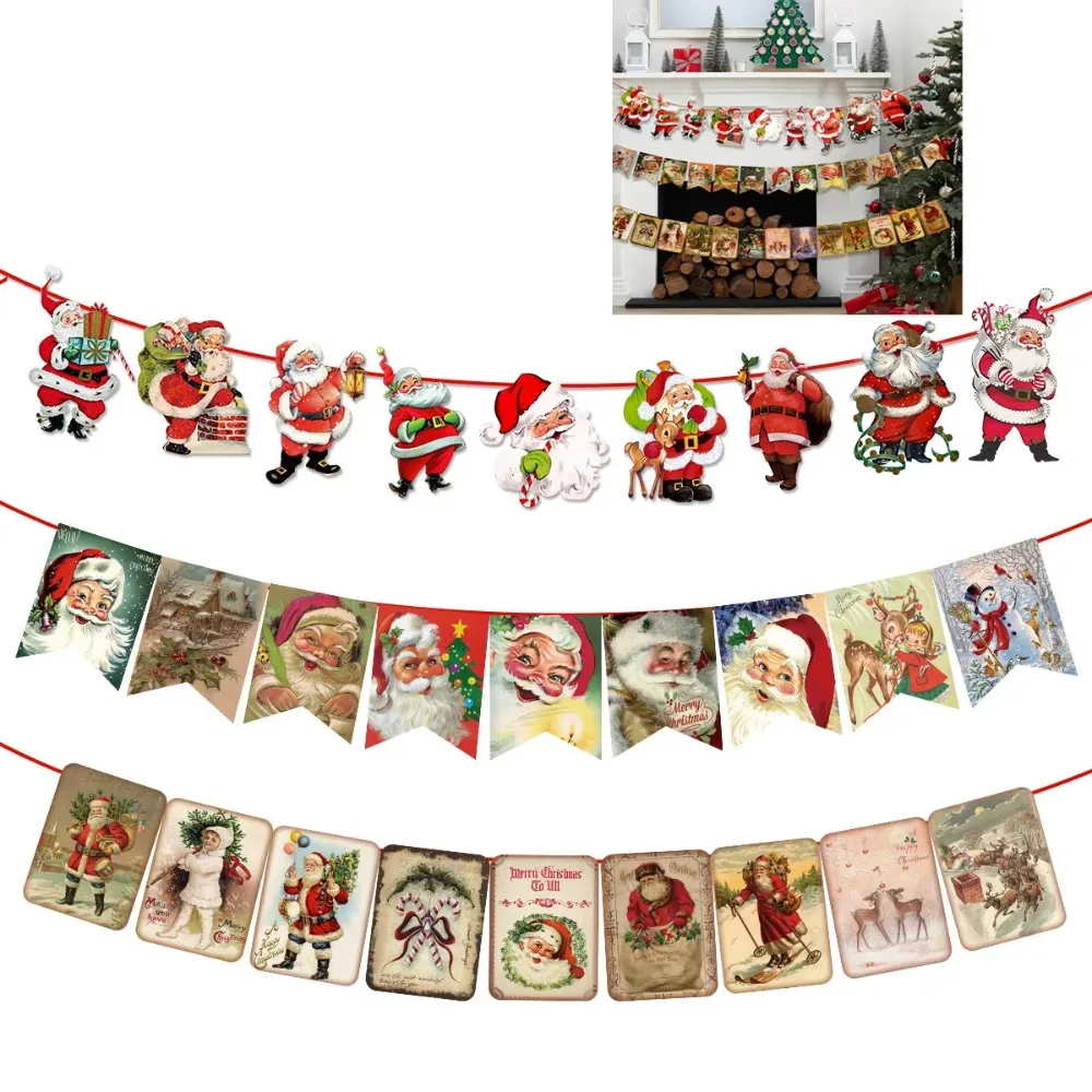 Weihnachtsbanner im Vintage-Stil, Wimpel, Weihnachts-Wimpelkette, Weihnachtsmann, Schneemann, Rentier, Dekor, Party, zum Aufhängen, Pull-Flaggen-Girlande