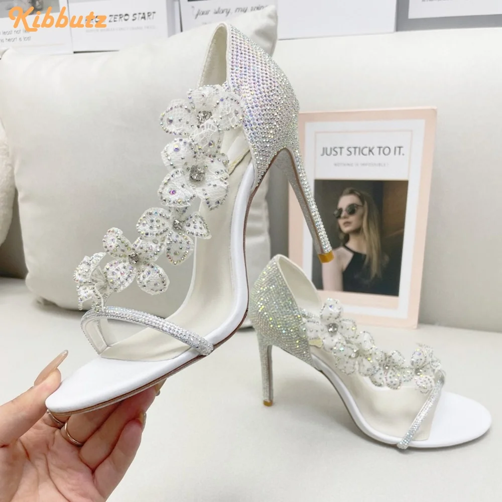 

White Flowers Crystal Bling Bling Sandals Rhinestone Shiny High Heels Stiletto Heel Open Toe Sandals Women Fashion Luxury Shoes