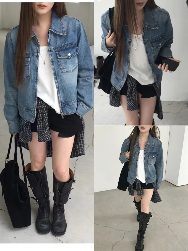 

Ретро синий джинсовый ор Jaet женский свободный воротник повседневное универсальное пальто топ осень Dongda Gate Sle хлопок длинный све застежка-молния