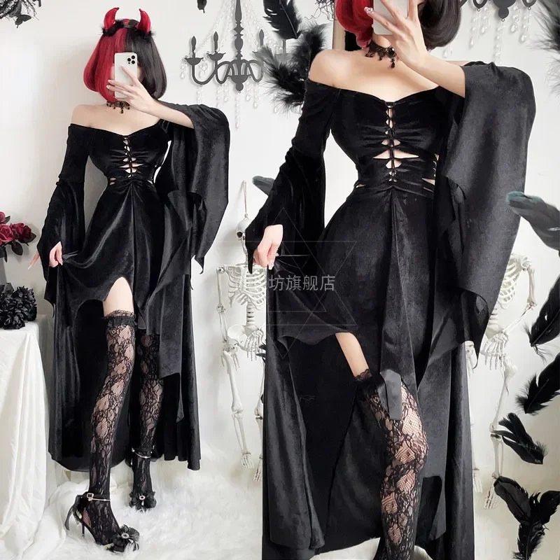 Halloween Costume for Women Anime Cosplay  Black Dress Witch Long Vestidos Vampire Bride Outfit Sexy Disfraz