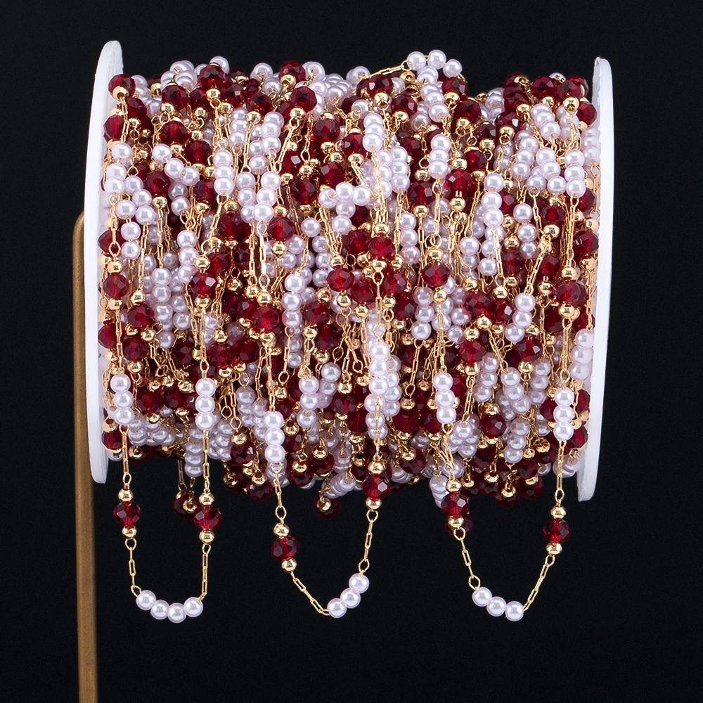 

0.5/1/2M Red Rhinestone Imitation Pearl Pure Copper Chain For DIY Necklace Making Material Tassel Chain Step Shaking Accessories