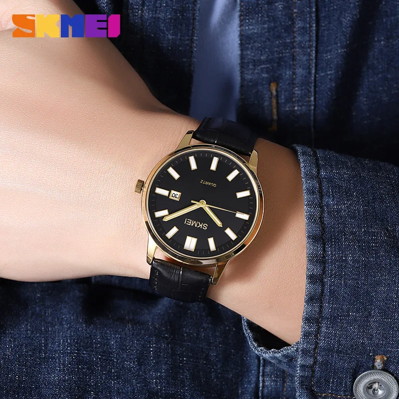 SkmeiМужские круглые мужские повседневные часы Кварцевые часы Водонепроницаемый кожаный ремень Корейские часы с календарем