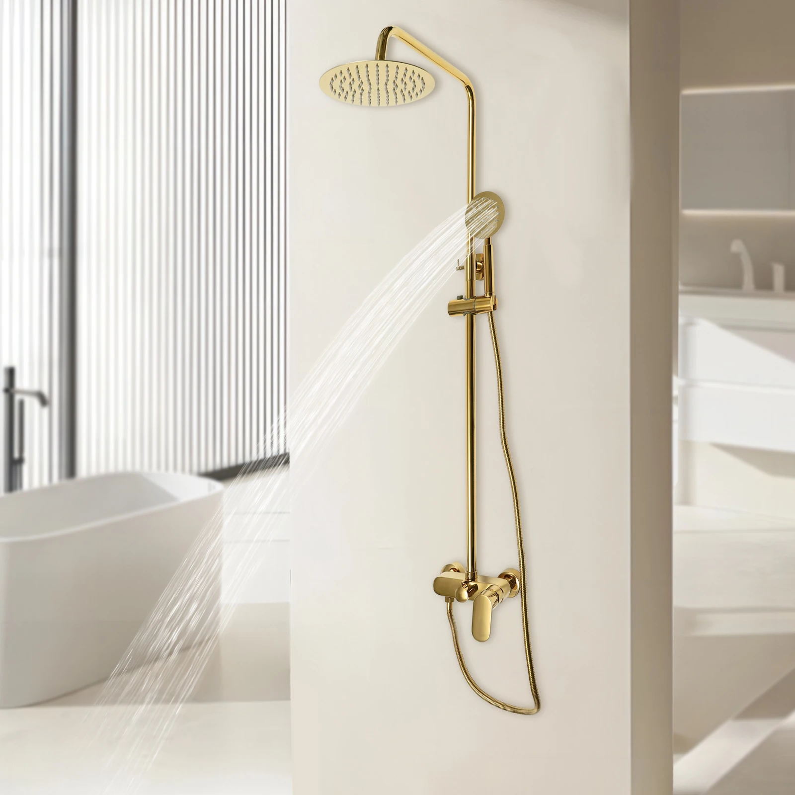 Wall-Mounted Gold Shower Column Set with Single-Lever Mixer Rain Shower Head 3 Spray Types Height Adjustable for Bathroom