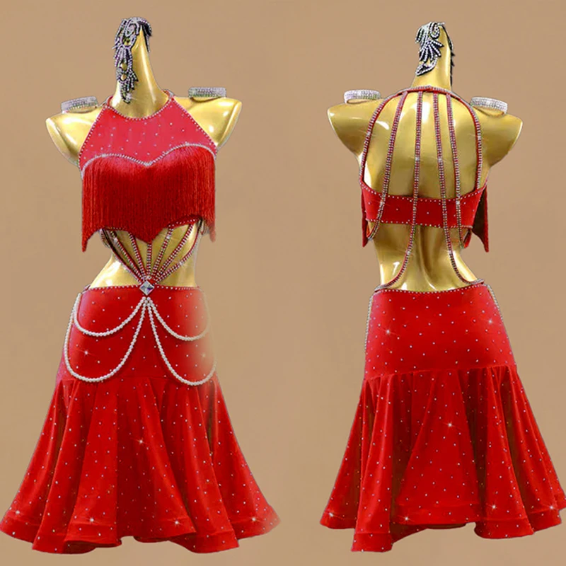 2025年ラテンダンスパフォーマンス衣装 タッセル ラインストーン パールチェーン レッドドレス ガールズ レディース チャチャダンス競技用ドレス L18008