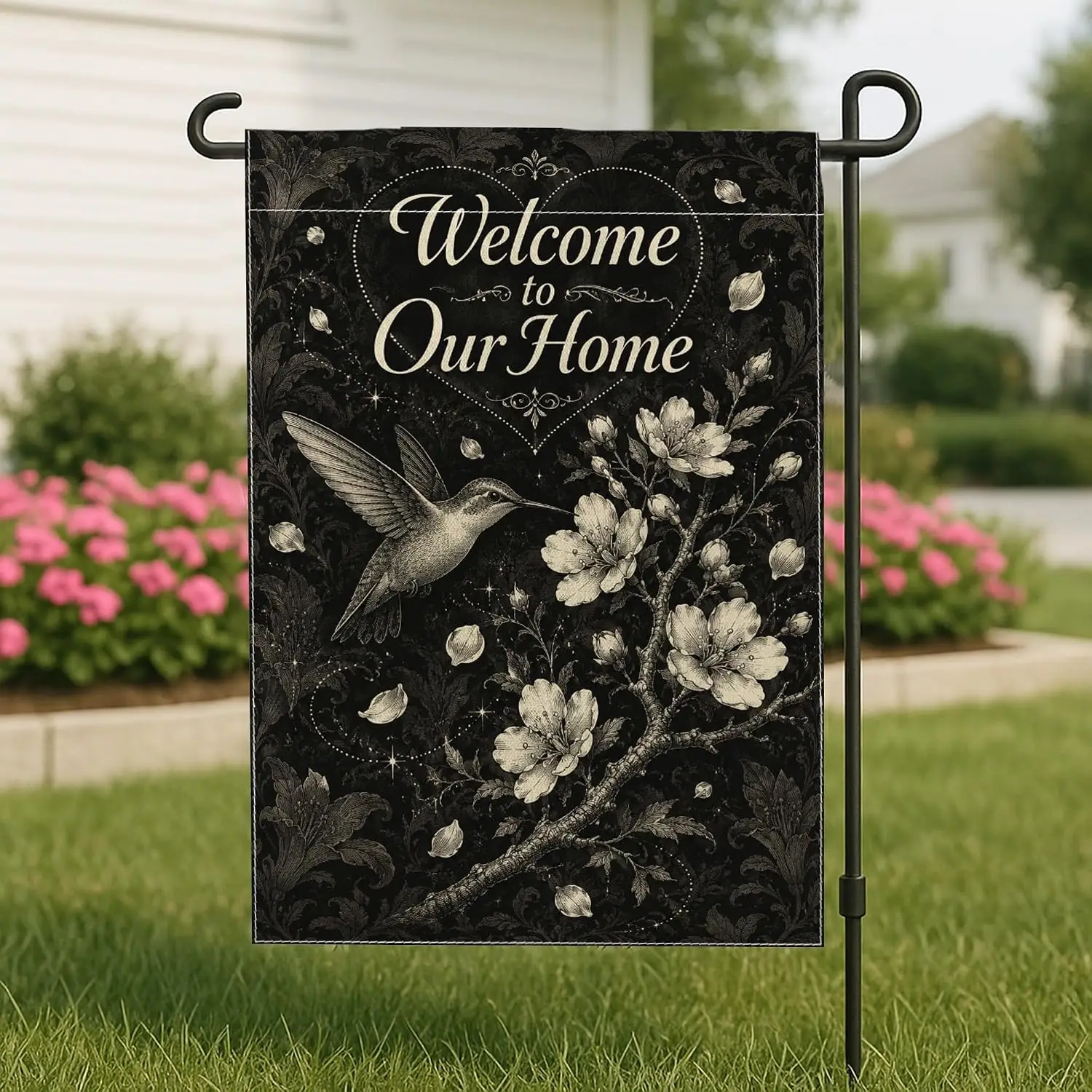 Hummingbird Garden Flag, Vintage Elegant Flowers Leaves Year-Round Black Burlap Double Sided Decorative Outside Flags for Ou aaz