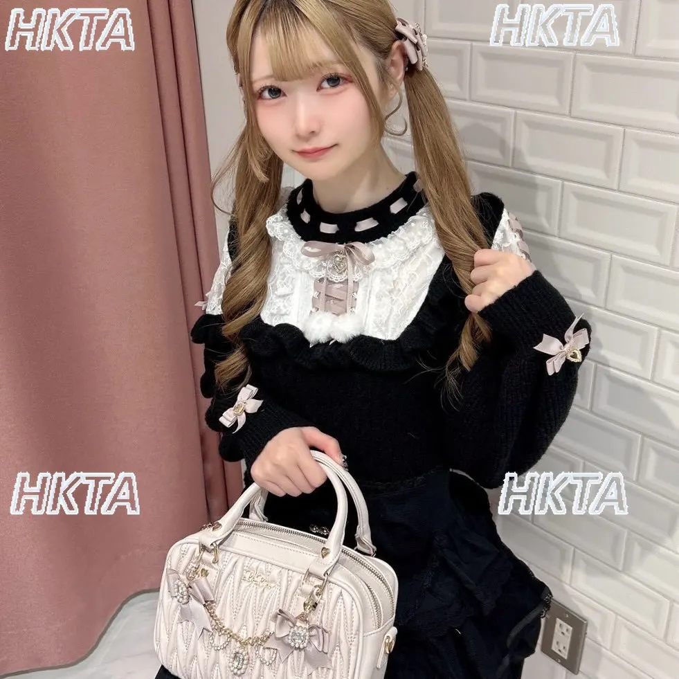 

Japanese Autumn Winter Commute Elegant Ribbon Bow Lace Stitching Pleated Knitted Sweater Sweet Loose White Pullovers Tops Women