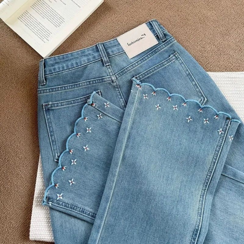 Embroidered Lace Nine-point Slightly Pulled Jeans Women's Spring and Summer New Fat Mm Pear-shaped Body Versatile Straight Pants