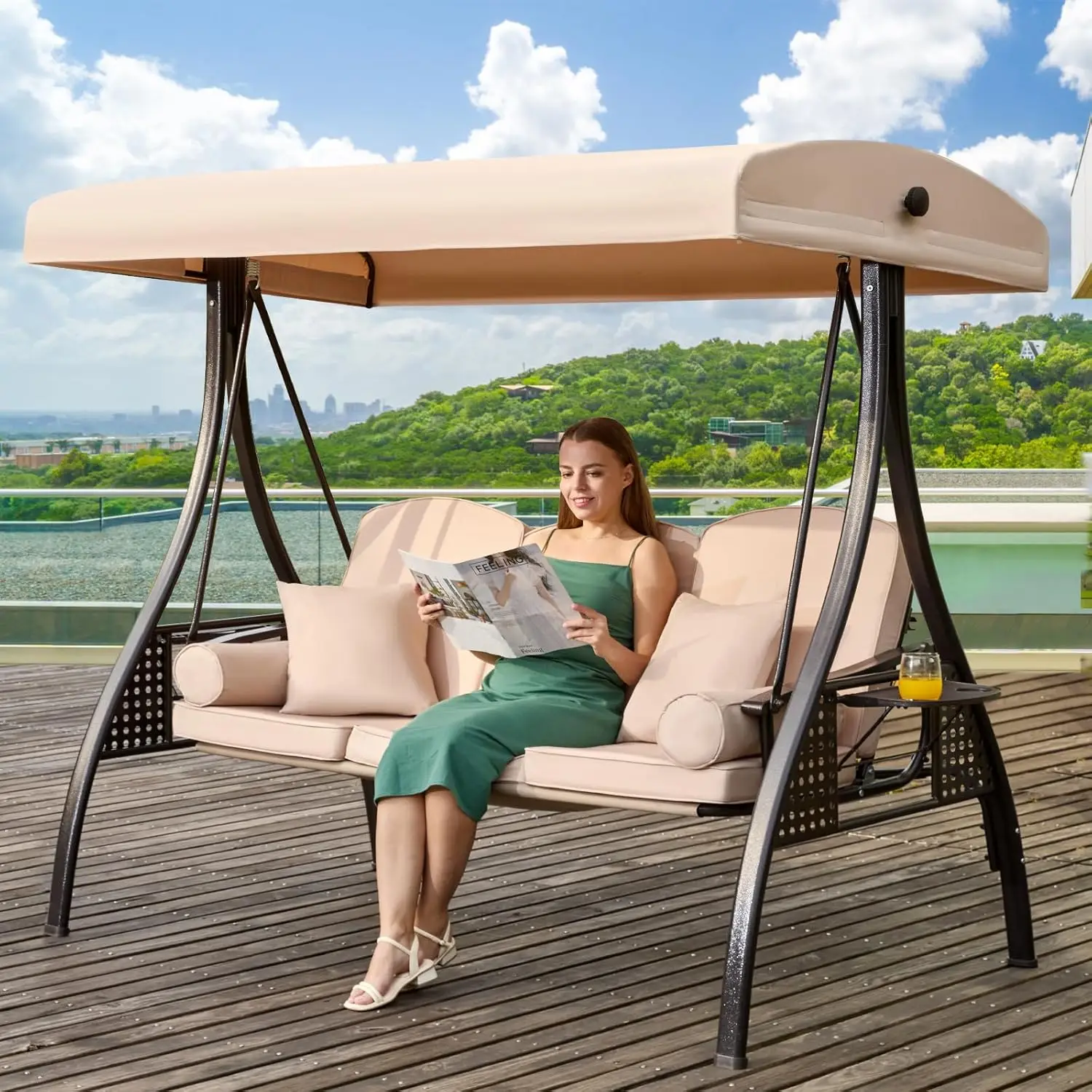 

3 in 1 Outdoor Porch Swing Adjustable Canopy 3 Seat Swing Adults Patio Swing Chair Thickened Cushions Pillows Cup Holders Khaki