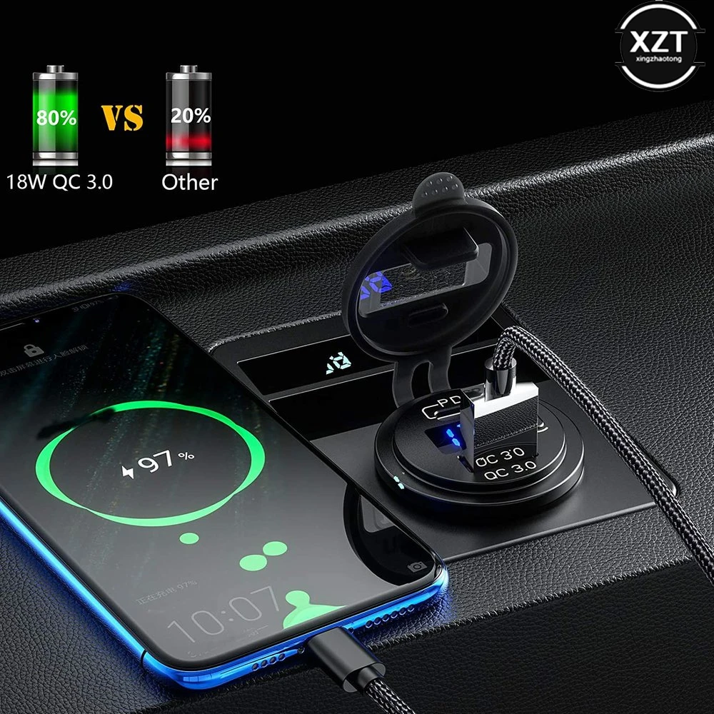 Dual PD+QC 3.0 USB Quick Car Fast Charger Car Switch Power Socket Outlet 12V/24V Type Adapter Motorcycle Voltmeter Light Boat RV