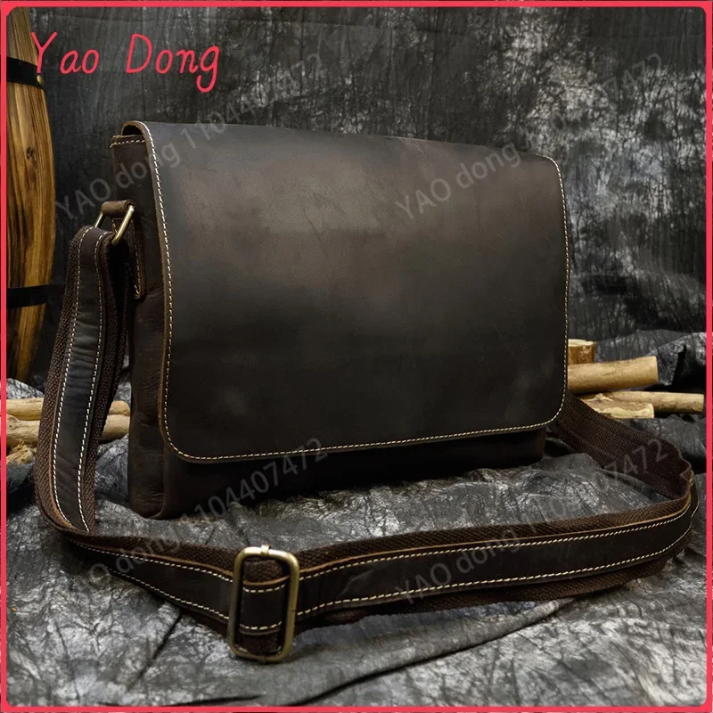 Yao Dong Men's Genuine Leather Messenger Bag A4 Vintage Crazy Horse Leather Shoulder Bag Cowhide Magnetic Flap Laptop Crossbody