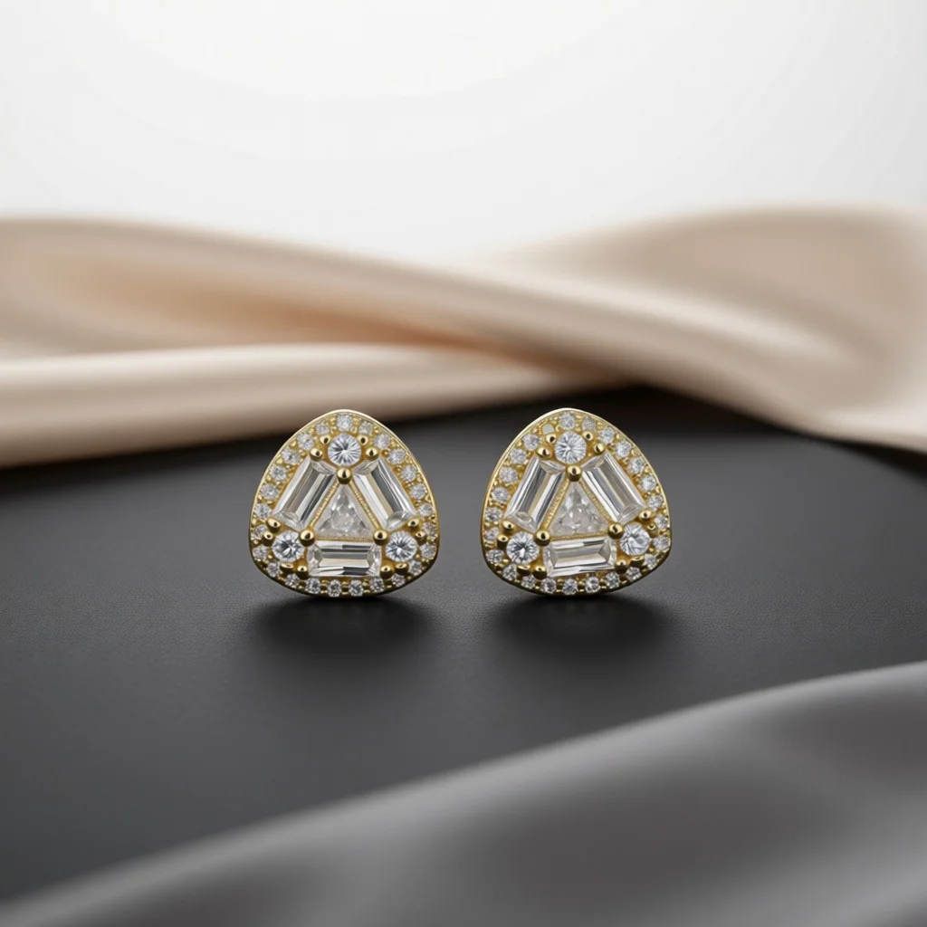 Glam Silver Tone Copper Stud Earrings for Women Triangle Outline Mixed Cut Clear Zircon Fashion Jewelry for Daily Party Matching