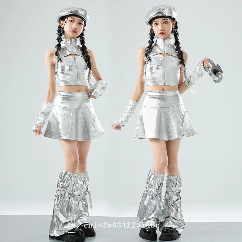 Kpop Girls Pleated Skirt Technological Silver Jazz Costume Dance Costume Model Cheerleading Costume Adult