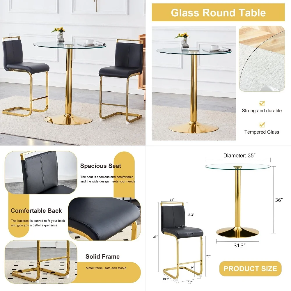 

Round Bar Table Set,Counter Height Dining Table Set,35 Tempered Glass Pub Table and Black Chairs,Round Gold bar Table Set for 2