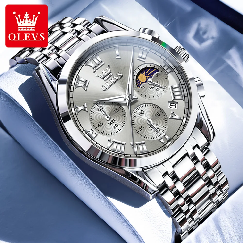 

OLEVS 2871 Mens Watch Original Quartz Watch Multifunctional Chronograph Watches For Men Waterproof Luminous Moon Phase Box