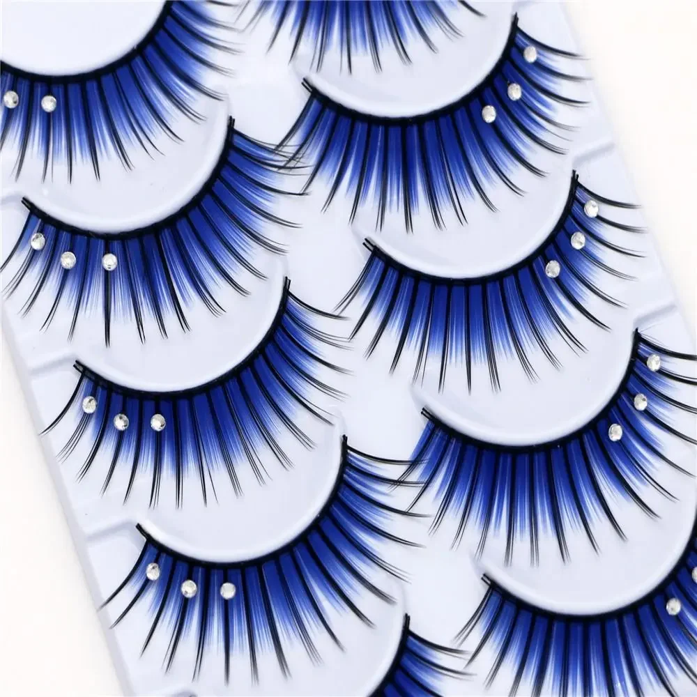 Hermoso con tres diamantes pestañas azules exageradas coloridas pestañas de escenario escena de maquillaje pestañas postizas naturales mujeres