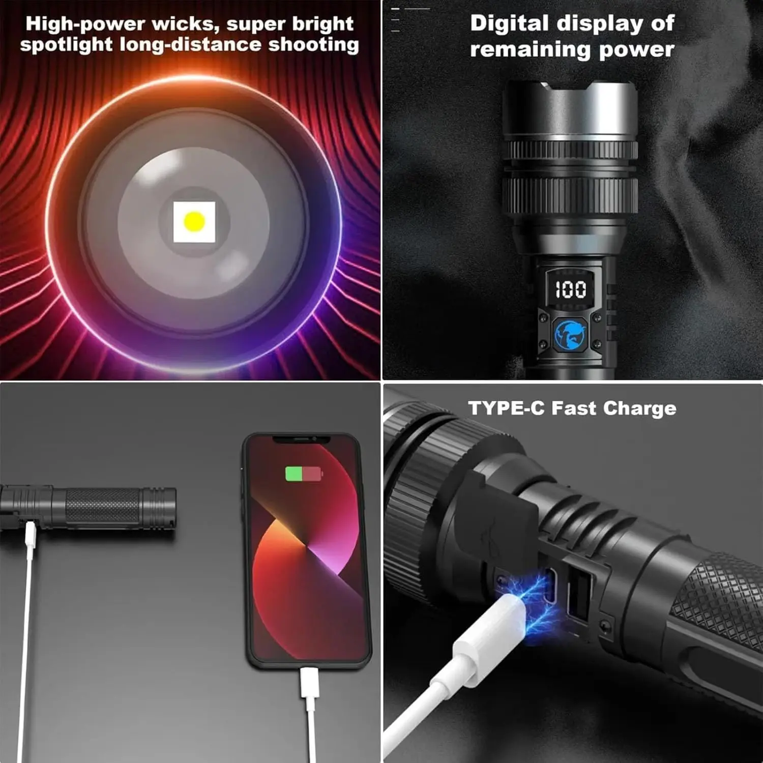 Powerful LED Flashlight Type-C Rechargeable Zoomable Torch with Digital Display Handheld Flashlights Power Bank for Outdoor Use image 4