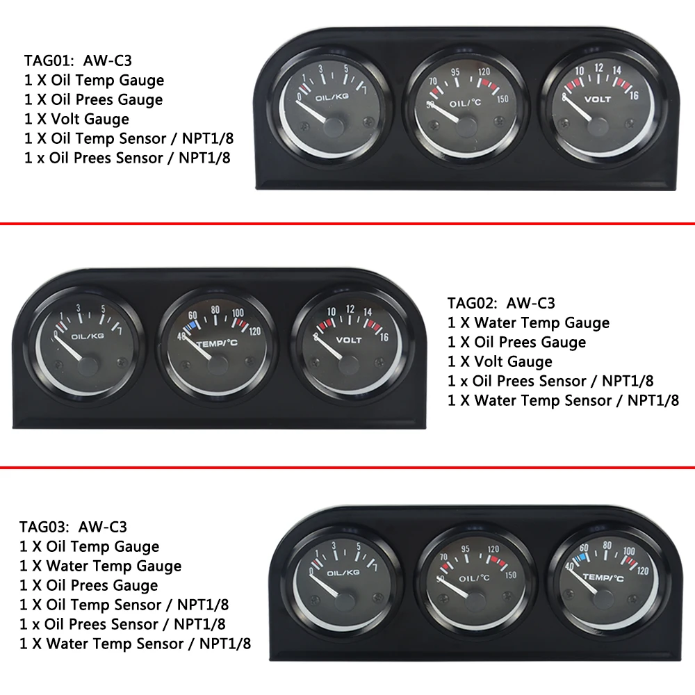 52mm Triple kit Oil Temp Gauge + Water Temp Gauge + Oil Pressure Gauge With Sensor 3in1 Car Meter PQY-TAG01/02/03