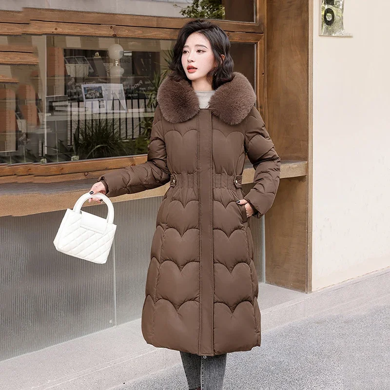 

2025 Elegant Winter Fur Hooded Down Jackets Women Cotton Padded Coat Warm Thick Long Parkas Winter Women Snow Puffer Jacket