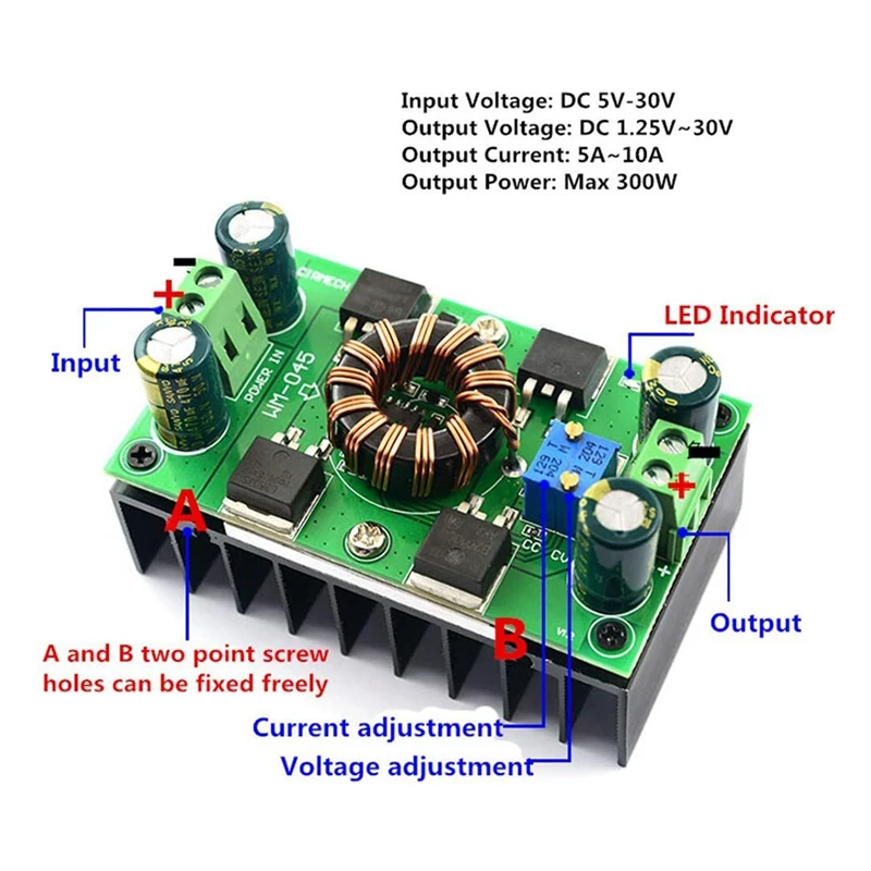 Konverter Buck Auto Boost, 5A(Max 10A) DC 5 v-30 V sampai 1.25-30V Regulator tegangan tegangan konstan arus konstan