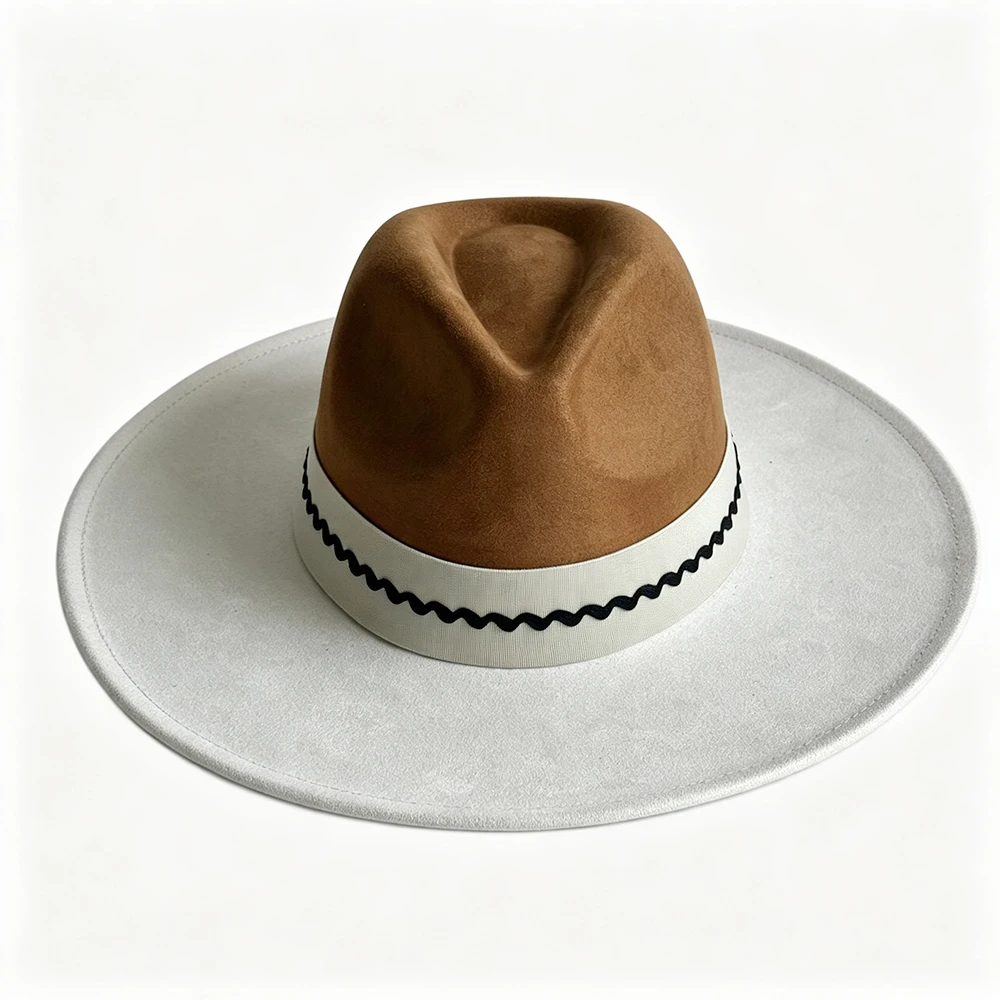 Premium Two‑Color Women Wide Brim Fedora Hat, Retro Camel Crown & Cream‑White Brim Felt Rancher Hat With Black Wavy Ribbon Decor