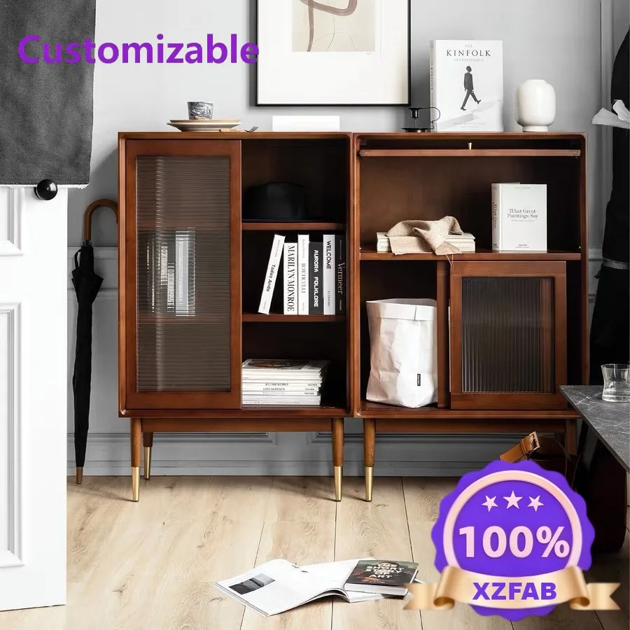 Factory Direct 2026 Nordic solid wood medieval dining side cabinet Japanese cherry wood display cabinet retro glass tea cabinet