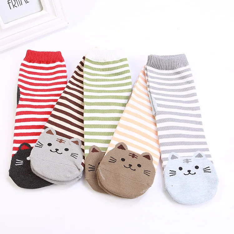 Adult Striped Cute Cat Female Socks, Female Cartoon Medium Length Female Socks, Pure Cotton Medium Length Socks