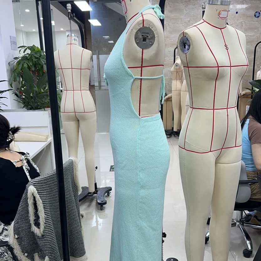 2025 Women's 3D Flower Halter Neck Soild Knit Dress Sleeveless Tie Backless Bodycon Deep V-neck Long Dress Summer Beach Dress