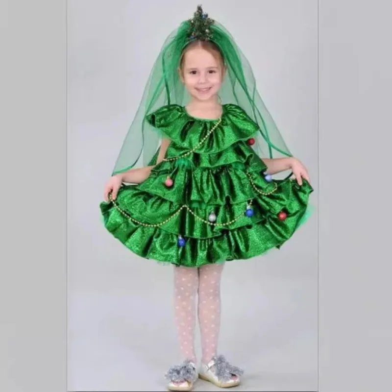 Christmas Tree Kid Cosplay Costume Stars Lights Decorate Dress Carnival Xmas Party Performance Stage Girl Fancy Dress Ecoparty