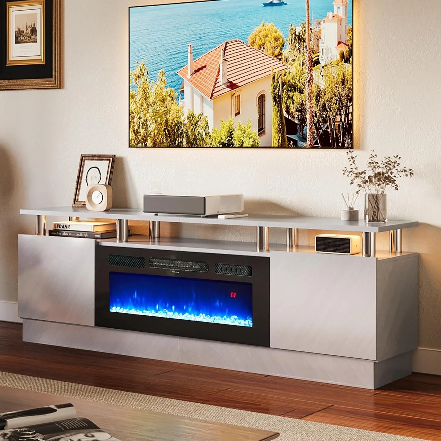 Soporte de TV integrado con chimenea eléctrica de 36 ", consola de 2 niveles de 70" de hasta 80 para televisores ", Ideal para ajustes de sala de estar, gris