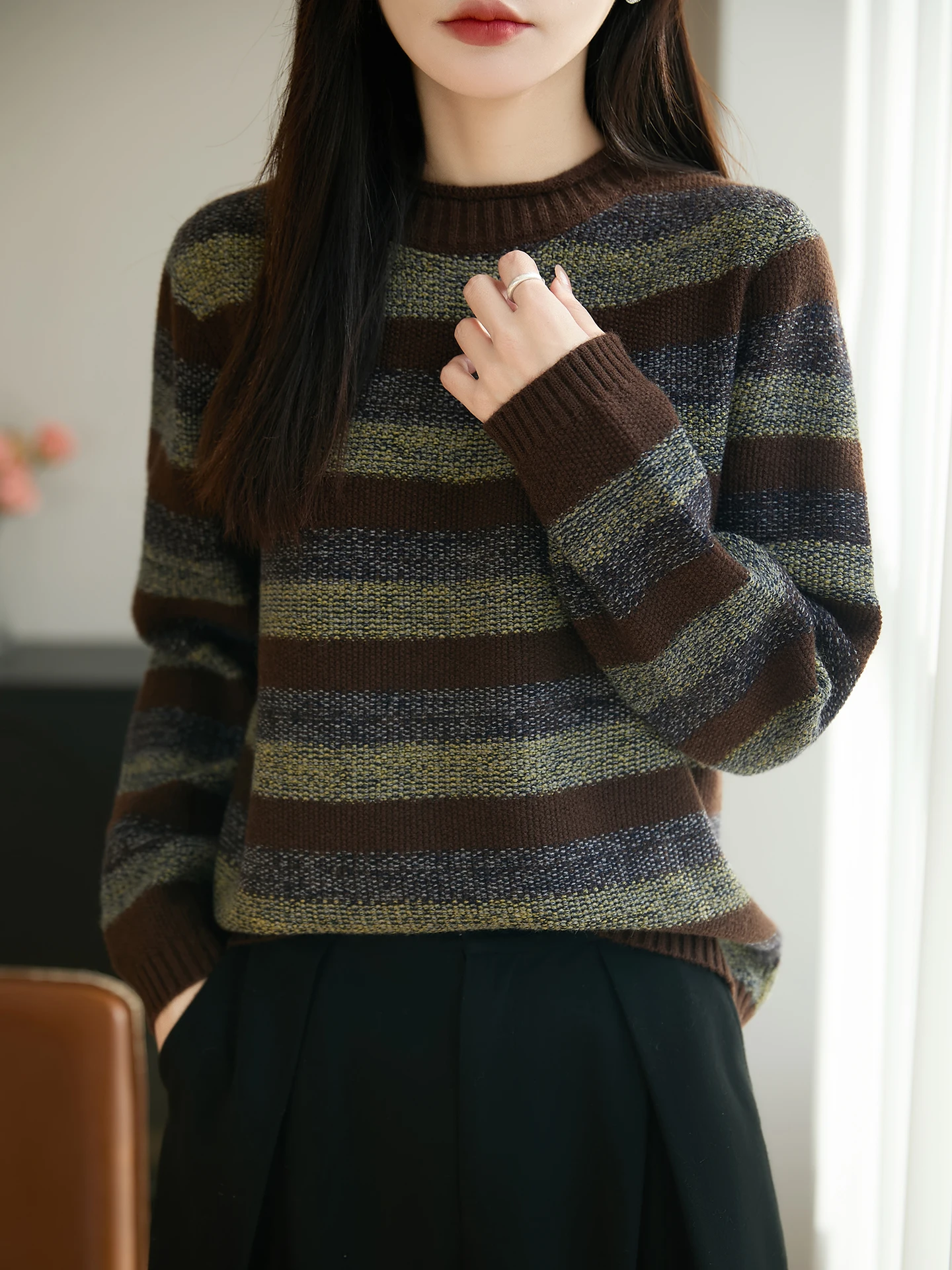 

Утепленный вязаный свитер в ретро-стиле в полоску для женщин, с круглым вырезом, теплый базовый слой, повседневный свободный крой, длинный рукав, трикотаж