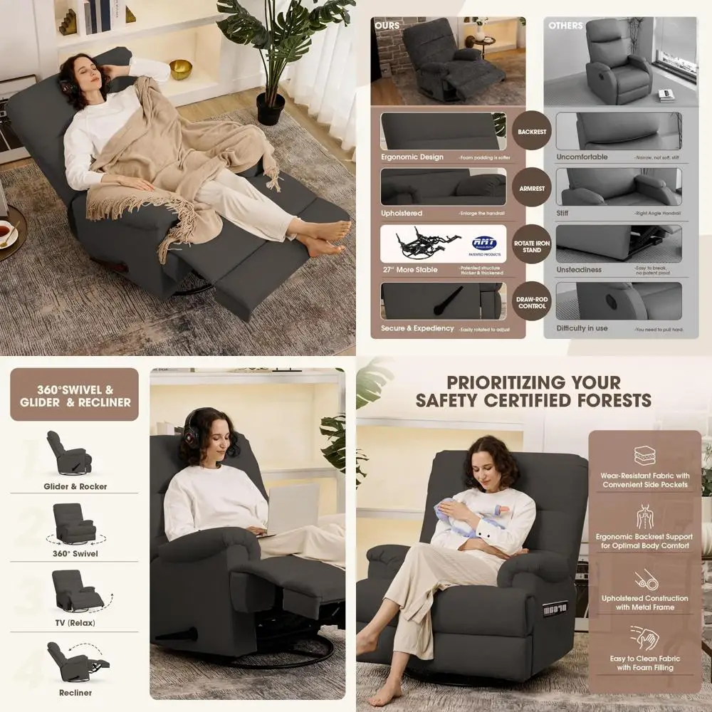 كرسي هزاز دوار باللون الرمادي مع وظيفة أريكة للاستلقاء في الحضانة، 23 بوصة #1