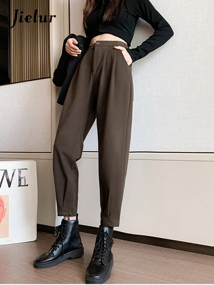 

Jielur Autumn Winter Women Pants Casual Loose High Waist Harem Pants Female Solid Woolen Black Brown Trousers Thin Legs