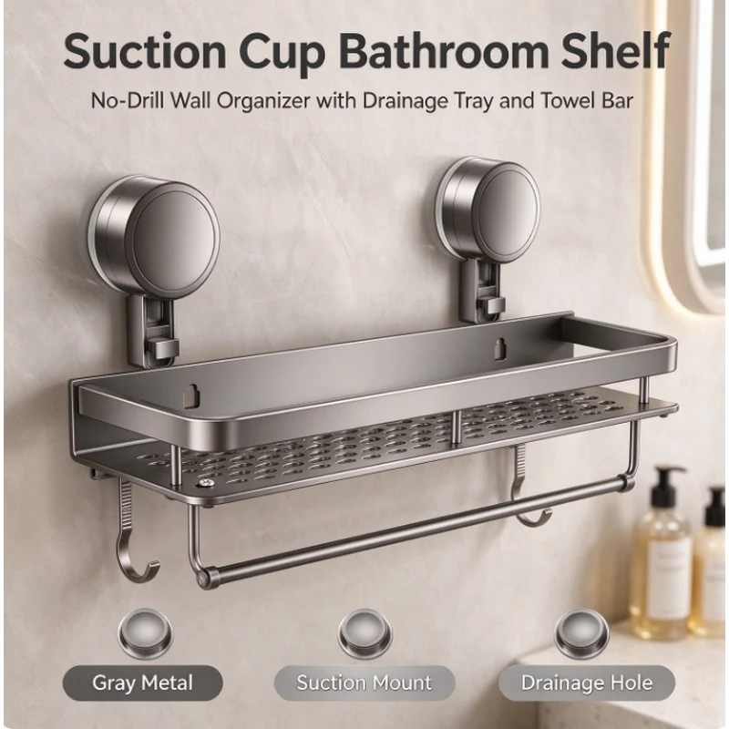 Stocking Stuffers Christmas Gift No Drill Suction Cup Adhesive Aluminum Wall Mount Bathroom Organizer Hanging Shelf for Toilet