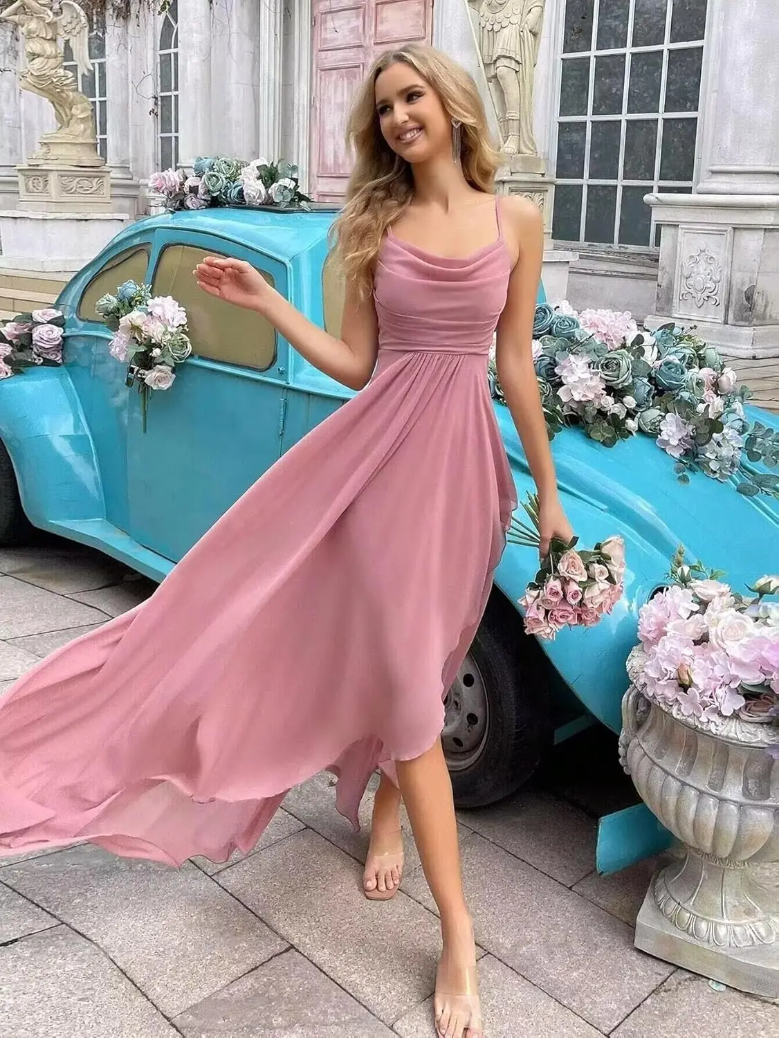 Abiti da damigella d'onore lunghi in chiffon per donna Abito da ballo a trapezio con cinturino per spaghetti con abiti formali con volant a fessura e tasche