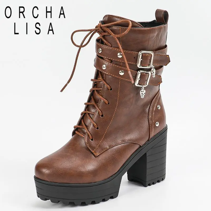 ORCHA LISA Ladies Brown Short Boots Circular Toe 9cm Thick Heel 3.5cm Platform Sole Zip Plus Size 42 43 44 Hiking Mortocycle