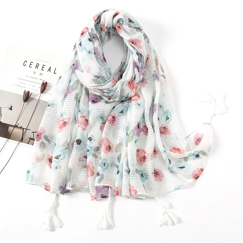 2023 Fashion Luxury Petal Floral Tassel Viscose Shawl Scarf Lady High Quality Wrap Pashmina Stole Bufandas Muslim Hijab 180*90Cm