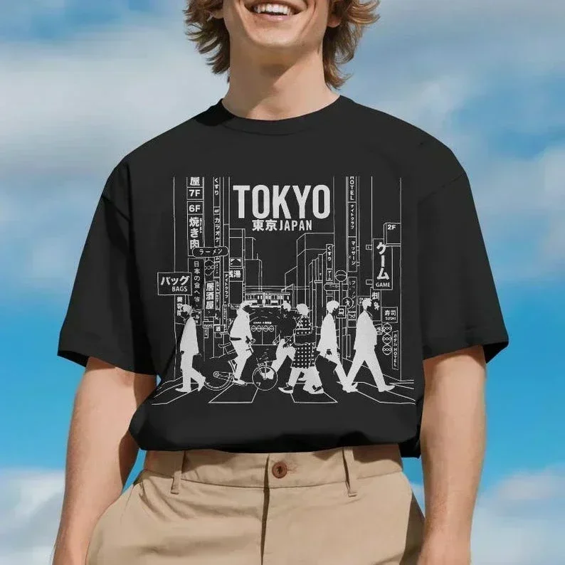 Japanese Urban Streetwear Tokyo Photography Art Cotton Short Sleeve T-shirt Shibuya Crossing Graphic Tee Men Women Clothing