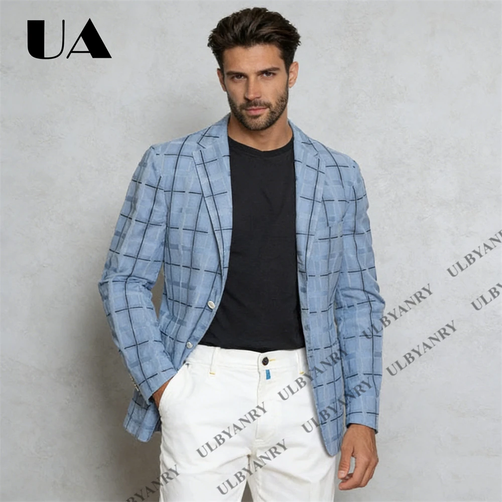 

Светло-голубой клетчатый пиджак мужской приталенный однобортный спортивный пиджак для пляжа, свадьбы, повседневный пиджак-блейзер