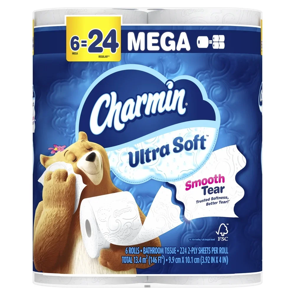Ultra Soft Toilet Paper 6 Mega Rolls 2 Ply Septic Safe 1344 Sheets Absorbent Irresistible Softness Perforated Clean Tearing