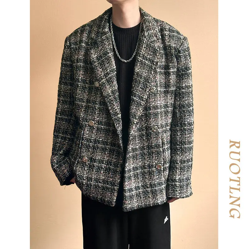 

Мужской осенне-зимний клетчатый костюм Jaet, свободный крой, классический двубортный длинный воротник, модная молодежная модная верхняя одежда