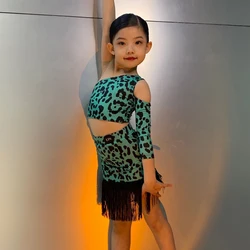New Latin Dance Dresses Girls Leopard Single Sleeve Latin Top Fringed Skirt Kids Performance Ballroom Dance Costume SL8935