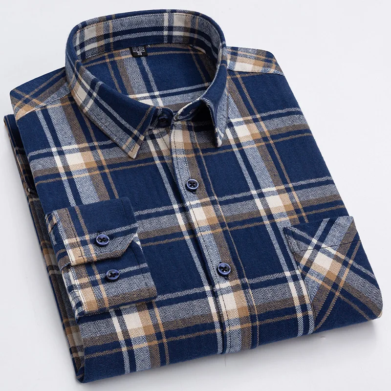 

S-6XL Plaid Shirts For Men's Long Sleeve Cotton Fashion Single Patch Pocket Design Young Casual Standard-Fit Thick Flannel Shirt