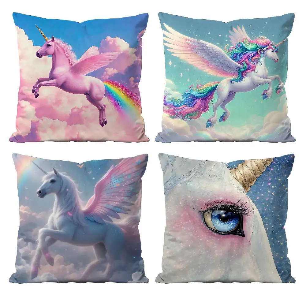 Niedlicher verträumter Regenbogen-Einhorn-Anime-Kissenbezug, Anti-Dustmite-Kissenbezug, unsichtbarer Reißverschluss, seidiger kurzer Plüsch-Sofa-Kissenbezug