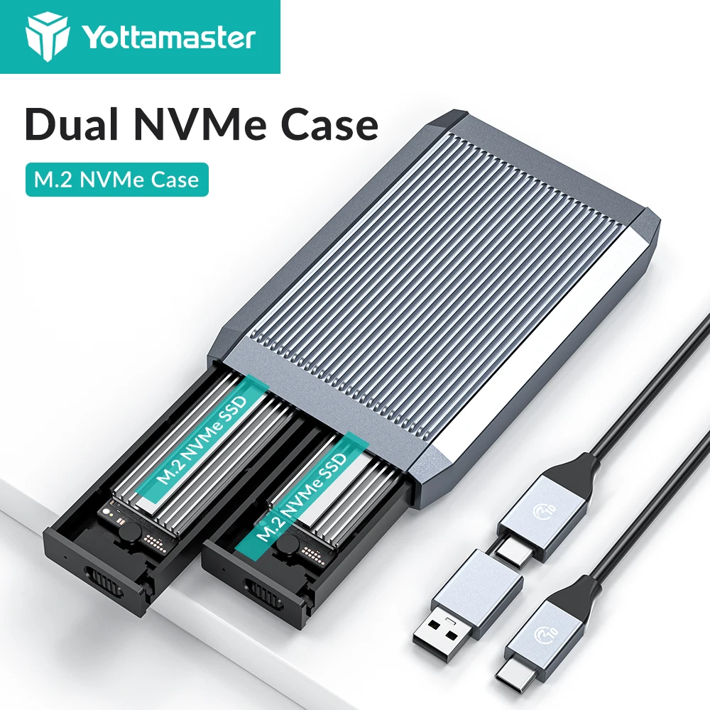 Yottamaster Dual Bay Enclosure 10Gbps NVMe PCIE & 6Gbps SATA NGFF Type C External Hard Drive Enclosure USB3.1 GEN2 NVMe SATA Box