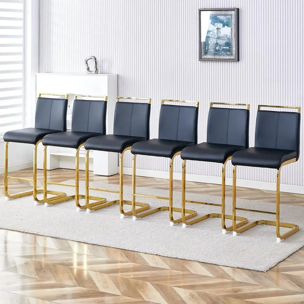 

Set of 6 Counter Height Bar Stools with Back, 25 Black Leatherette Chairs, Gold Chrome Legs