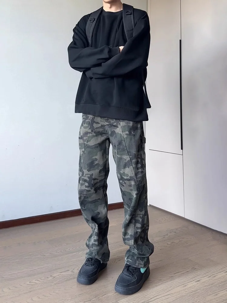 

Мужские рабочие брюки в американском стиле, новинка 2026 года, зимние, камуфляжные, на флисовой подкладке, утолщенные, расклешенные джинсы, повседневные брюки