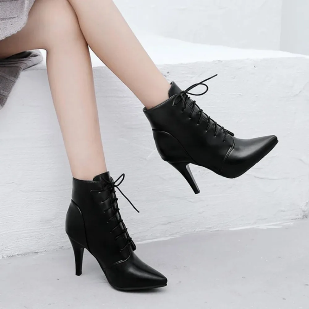 QPLYXCO Super Big Size 53 54 Ankle Boots for Women Spring Autumn Winter Pointed Toe High Heels Lace Up Party Wedding Bootie  A-1