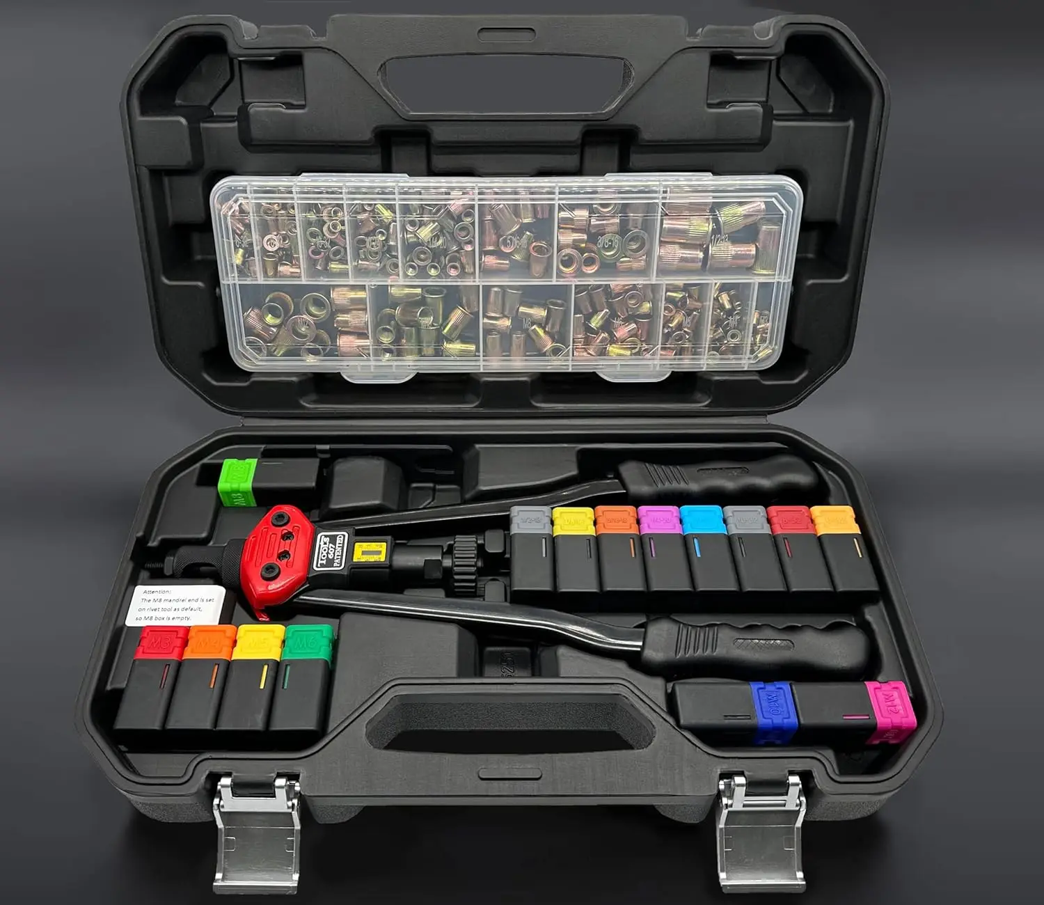 16-Inch Rivet Nut Tool Kit with 15 Mandrels, 236 Nuts & Case for DIY Projects